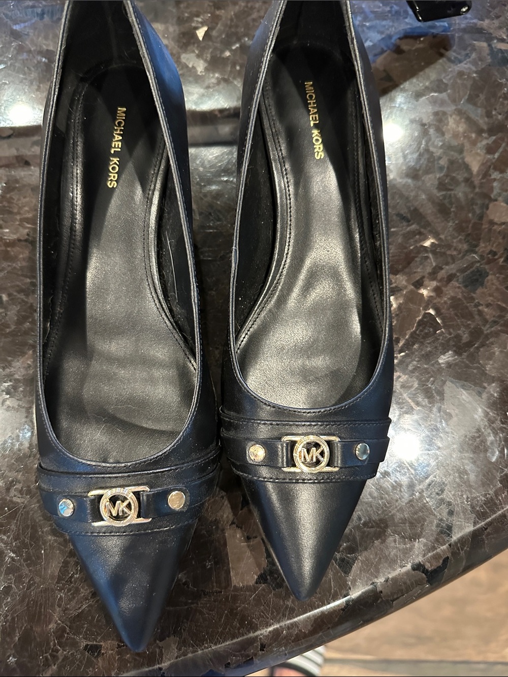 Michael Kors Black Pointed-Toe Leather Flats with Gold MK Logo